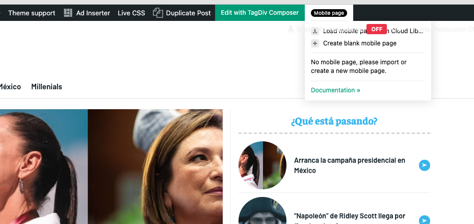 screenshot of the disabled mobile page option
